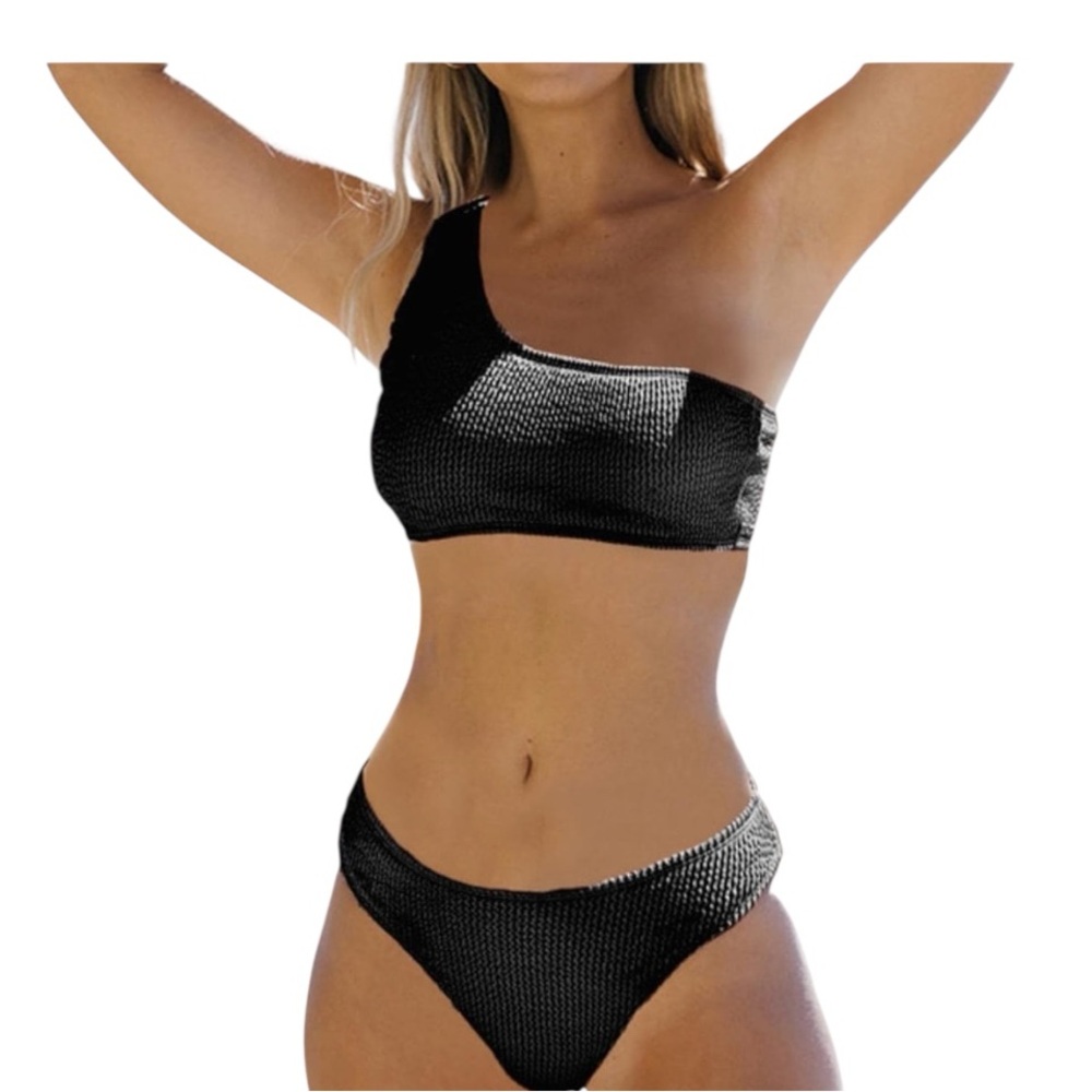 One-Shoulder Black Textured Bikini Set Size M NWOT
